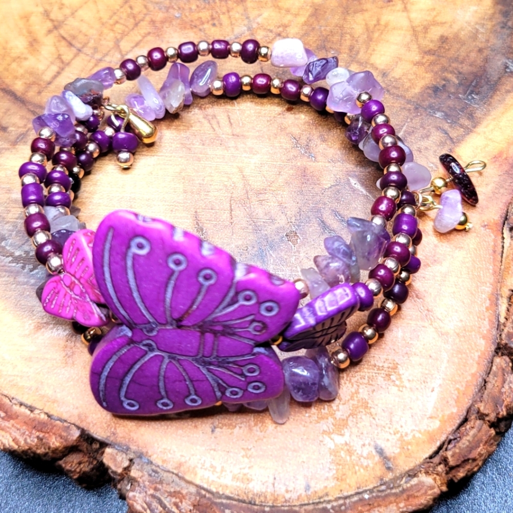 Purple and Gold Beaded Wrapped Butterfly Multistrand Bracelet and Earrings Set